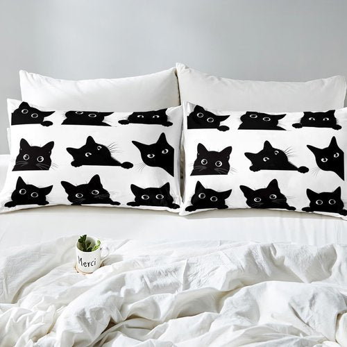 Feelyou Black Cat Bed Sheet Set for Kids Boys Girls Cute Kitten Print Bedding Set 1 Flat Sheet + 1 Fitted Sheet + 2 Pillowcases Queen Size
