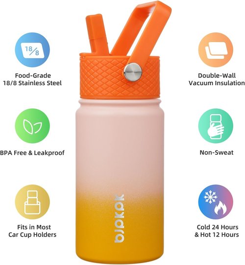 BJPKPK Insulated Water Bottle - 15 oz Stainless Steel Flask with Straw Lid | Leak-Proof & BPA-Free - Coral