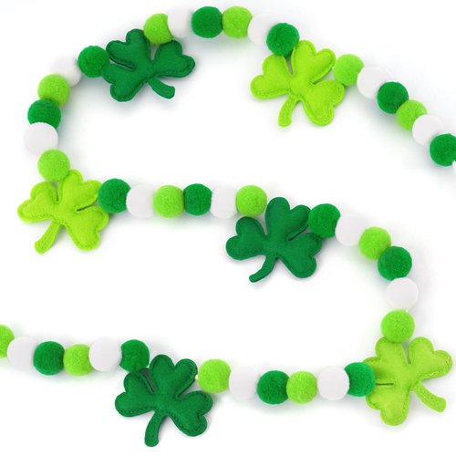 HEAEUNK St Patrick's Day Garland, Pre-Strung Felt Shamrock & Pom Pom Garland Banner, St Patricks Day Decorations for Mantle, Wall & Home
