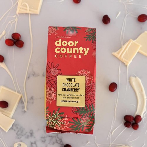 Door County Coffee White Chocolate Cranberry Flavored Coffee Ground - 8oz Bag - Holiday Seasonal - Medium Roast - 100% Specialty Arabica