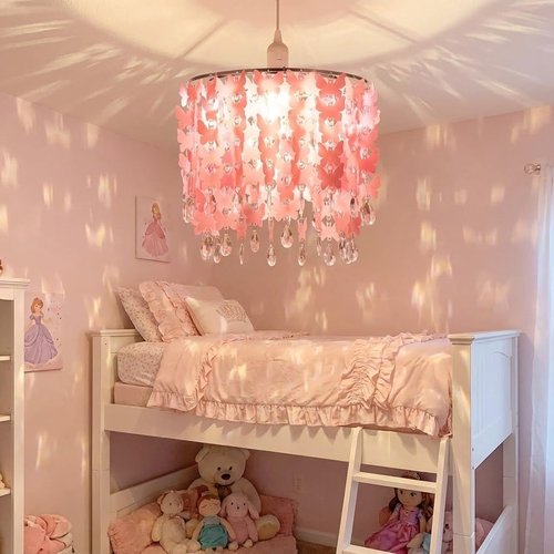 11.8" Butterfly Light Shade for Ceiling Pendant Light, Dreamy Lightshade with Crystal Beads, Acrylic Chandelier Shades, Crystal Lamp Shade with Star Light Effect for Girl’s Bedroom Decoration, Pink