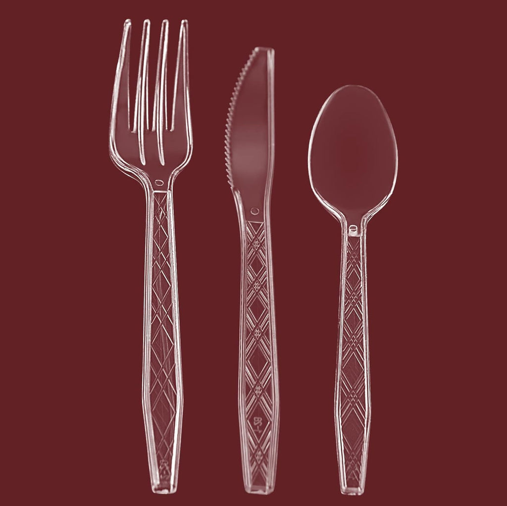 PARTY BARGAINS Argyle Settings Clear Plastic Cutlery Set 720‑Piece – 360 Forks, 240 Spoons, 120 Knives – Heavy‑Duty Disposable Utensils for Parties, Weddings, Buffets, BBQs & Catering – BPA Free