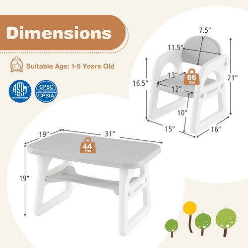 HONEY JOY Kids Table and Chair Set, Plastic Children Activity Table and 2 Chairs w/Building Blocks, Storage, for Art Craft, Toddler Table and Chair Set for Daycare Playroom, Gift for Boys Girls (Gray)