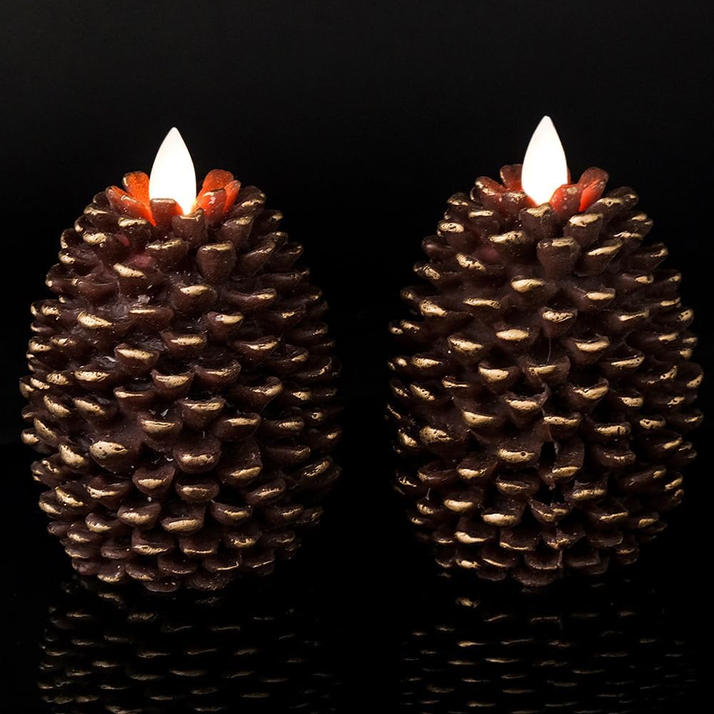 Wondise Flameless Candles - Battery Operated Real Wax Pine Cone Design | Set of 2, Brown (D3.5 x H4.7 Inch)