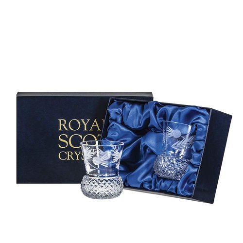 Royal Scot Crystal Flower of Scotland 2 Whisky Tumblers (Thistle Shape) - 85mm Presentation Boxed.