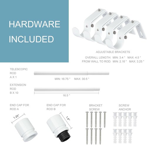 Byondeth Curtain Rods - Adjustable 16 to 170 Inches | 1 Inch Diameter with Aluminum End Caps, White