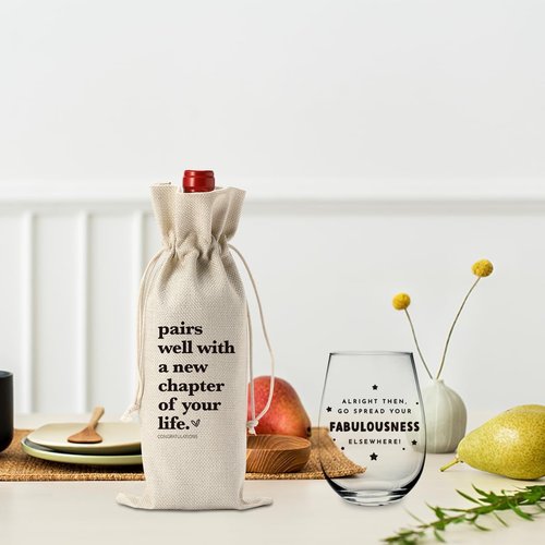 New Chapter Wine Bag Glass Set - Farewell & New Beginnings Gifts for Women & Men - Reusable Burlap & Glass - Modern Style - 5.6'' x 12.9'' - Wine Glass Set