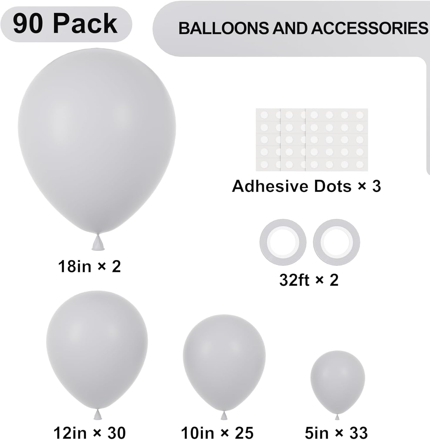 Voircoloria Gray Balloon Garland Kit - 90 Pack in 18/12/10/5 Inch Sizes | Perfect for Graduation, Weddings, and Baby Showers