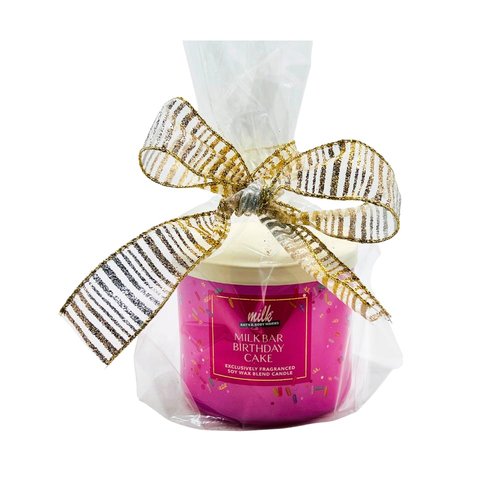 Bath & Body Works Milk BAR Birthday Cake 3-Wick Scented Candle 14.5 oz – 2025 Limited Edition – Gift Set with 30-Inch Metallic Gold & Silver Striped Bow for Birthdays & Holidays