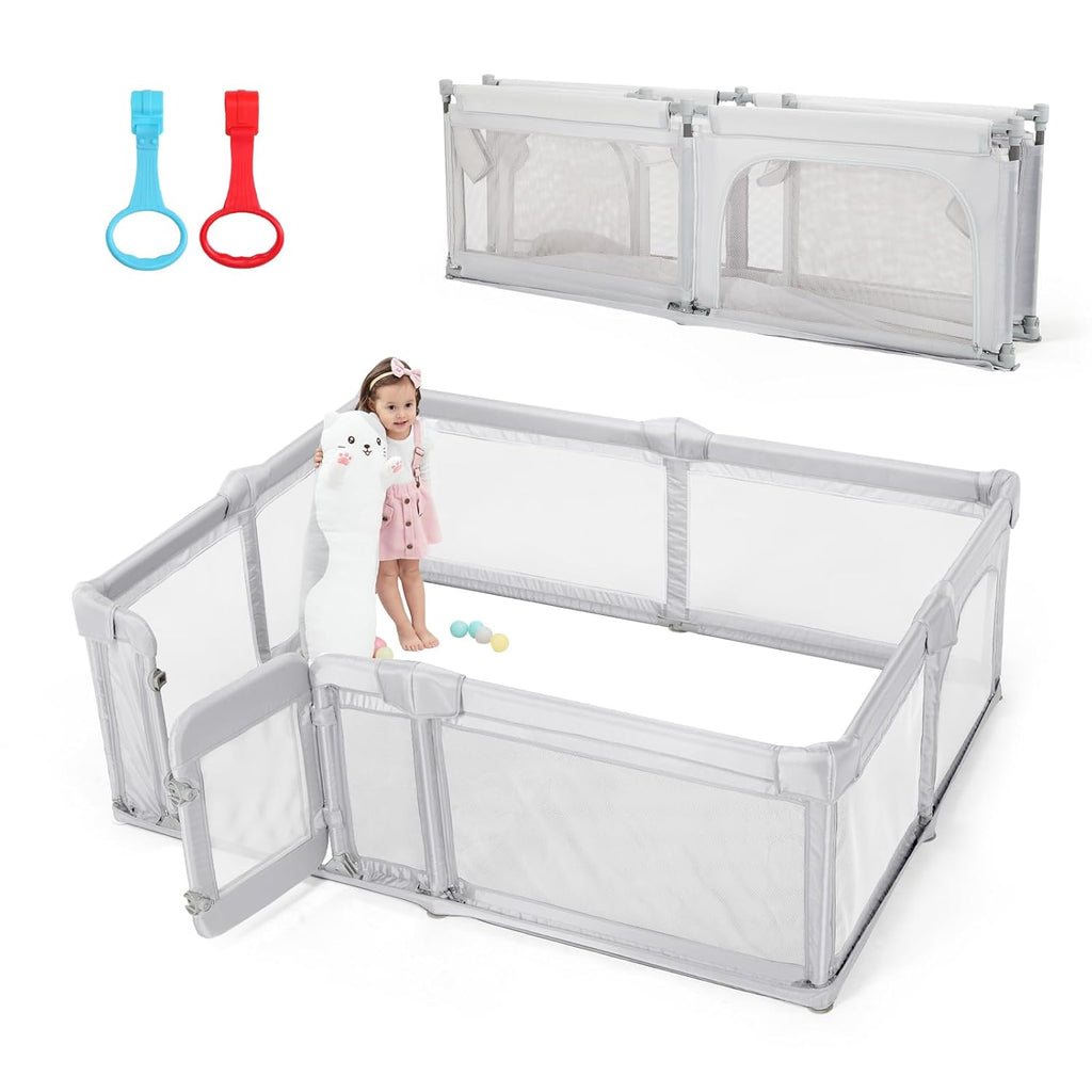 Skiennix Baby Playpen - 71"x71" Foldable Play Yard with Zipper Door & Gate | Light Grey Color