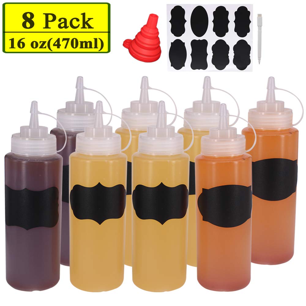 Belinlen 8 Pack 16-Ounce Plastic Squeeze Bottles for Food, Crafts, Art, Multi Purpose Set of 8 with extra 8 Chalk Labels and 1 Pen