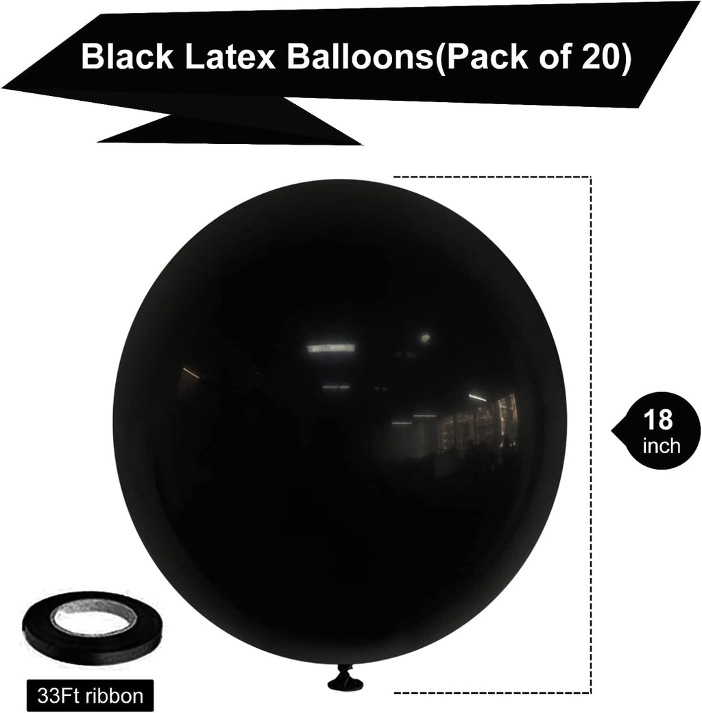Skiennix 18-Inch Black Latex Balloons - 20 Pack of Thick, Large Round Helium Balloons for Parties & Events