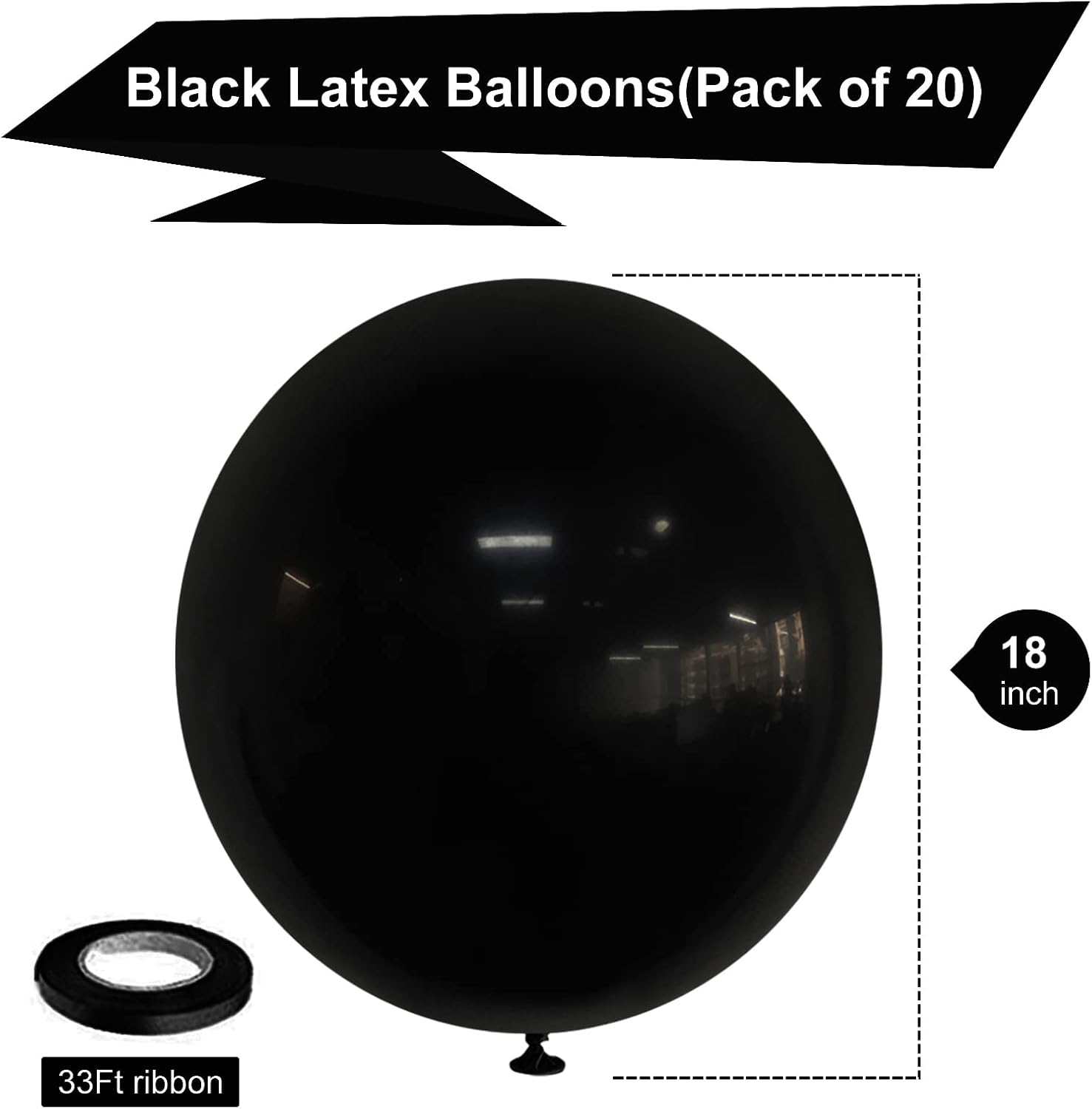 Skiennix 18-Inch Black Latex Balloons - 20 Pack of Thick, Large Round Helium Balloons for Parties & Events