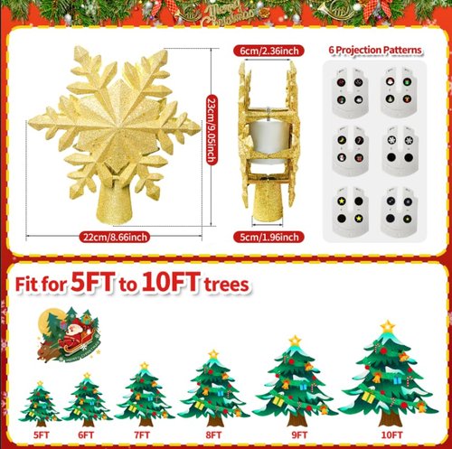 [6 Patterns] 9.05 inch Christmas Tree Topper Projector Snowflake with 6 Patterns Gold Snowflake Projector Tree Topper Plug in for Indoor Office Xmas New Year Holiday (Gold,3m Cable)