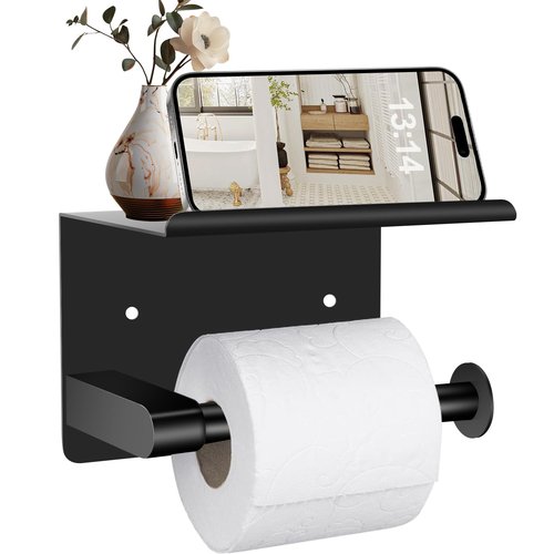 Bijotun Toilet Paper Holder with Shelf, Black - Compact for Small Bathroom, RV, Office, Easy 1 Min Installation, Rustproof Stainless Steel
