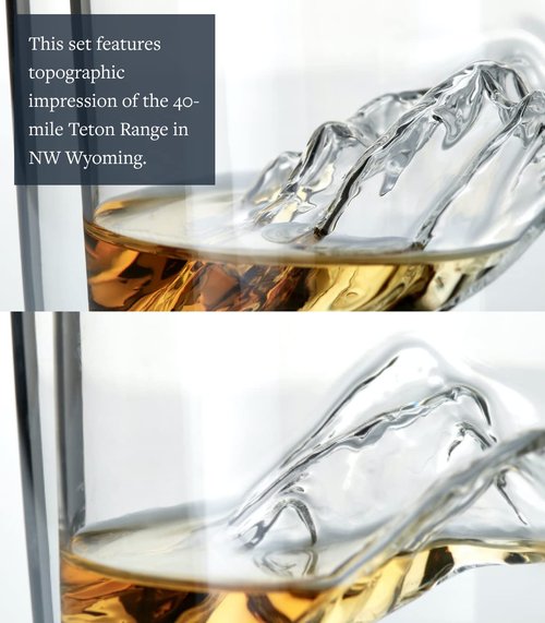Huckberry Whiskey Peaks Iconic Mountain Bar Glasses, 11.5 oz Capacity, Lead-Free Crystal, Grand Tetons, Set of 4 Cups
