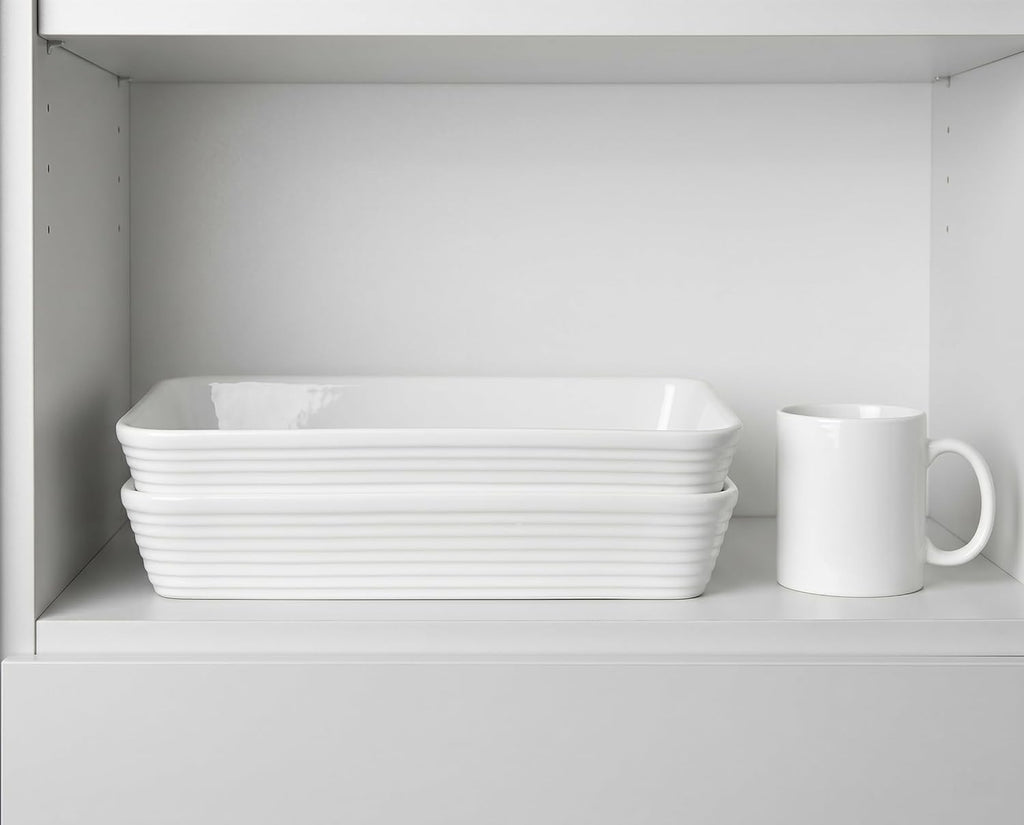 ONEMORE Ceramic Baking Dish - 9x13 Large Rectangular Casserole Pan for Lasagna & Family Meals - Ribbed White Bakeware