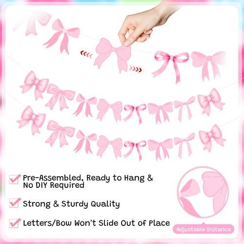4Pcs Pink Bow Garland Banner, Pink Bow Banner Bow Party Decortions for Women Girls Bow Birthday Decorations Baby Shower Decor, Bridal Shower Wedding, Bows Party Decor