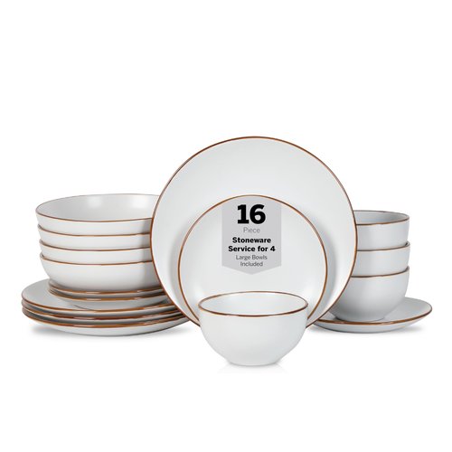 Stone Lain Brasa Modern Stoneware 16 Piece Dinnerware Sets, Plates and bowls Sets, Dish Set for 4, White