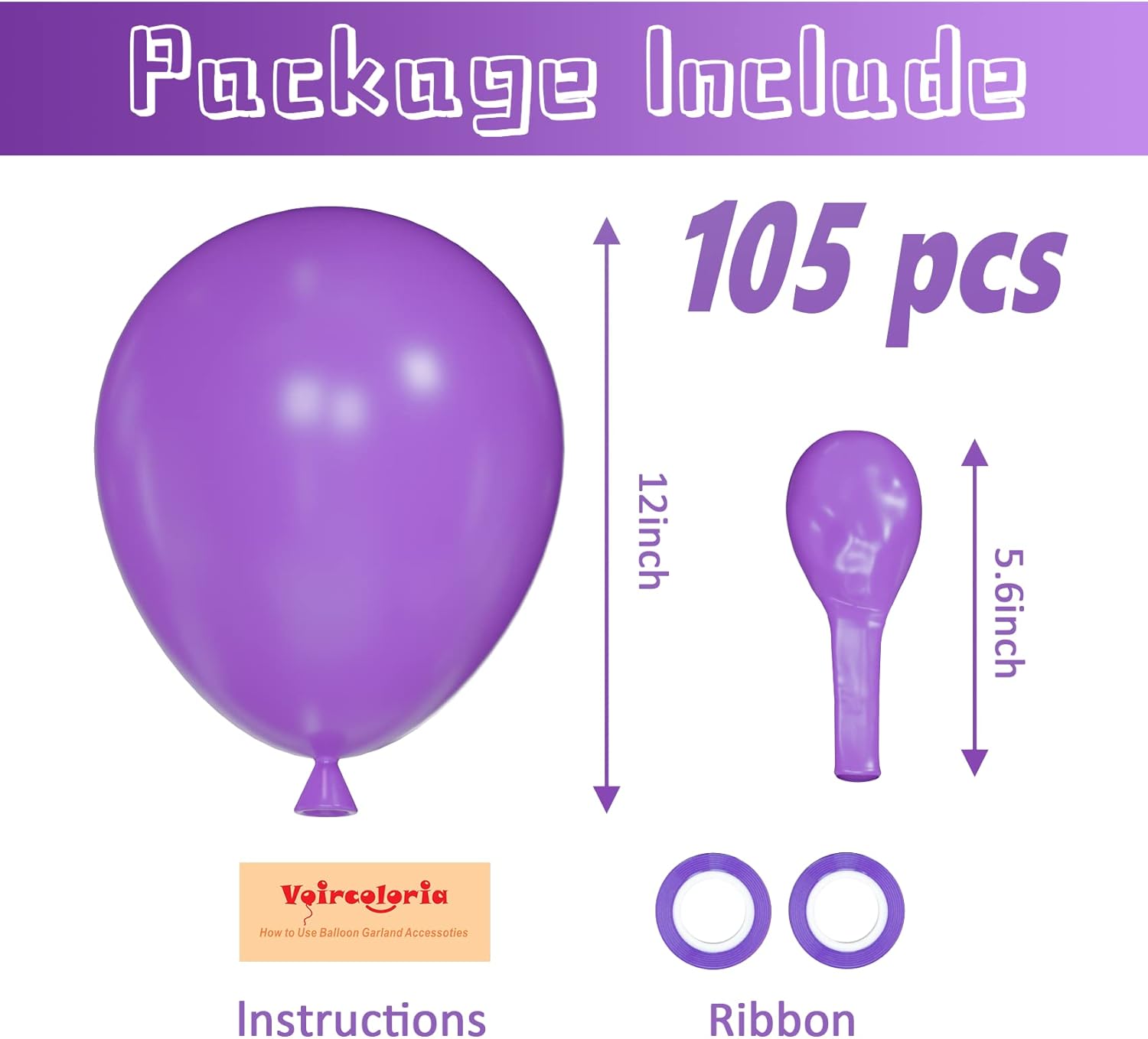 Voircoloria 105pcs Purple Balloons - 12-Inch Latex Party Balloons for Birthdays, Weddings & Events