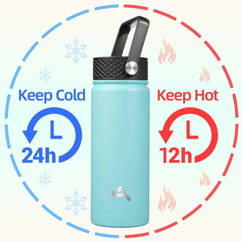 Skiennix Insulated Water Bottle - 18oz Stainless Steel Flask with Straw - Turquoise Color