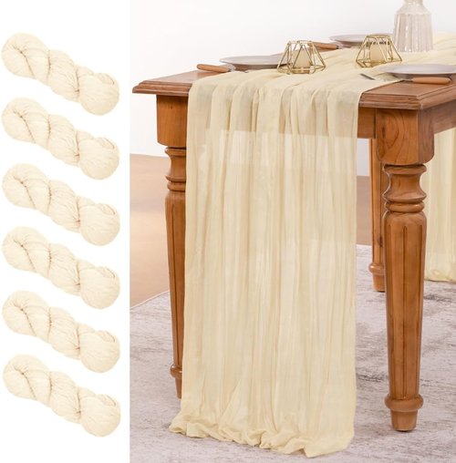 MLMW 6 Pack Beige Cheesecloth Table Runner - Boho Rustic Design | 160 Inch for Weddings & Events