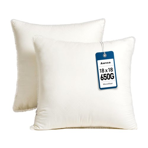 Awvco 18 x 18 Throw Pillow Inserts - Soft and Plush, Virgin Fiber Filling, Decorative Pillows for Couch Sofa Bed, Machine Washable - White, Pack of 2