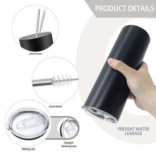 YOUKE OLA 16 Pack Stainless Steel Skinny Tumblers Straight Double Wall Insulated Tumbler Bulk with Lid and Straw for, DIY Gift, 20oz Black