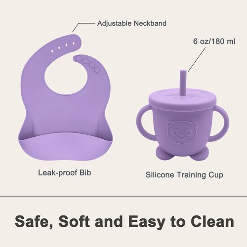 Munlinder Silicone Baby Feeding Set | Baby Led Weaning Supplies Includes Suction Bowls and Divided Plates, Adjustable Bib, Baby Utensils Spoons and Forks,Cup | Baby Feeding Essentials (Purple)