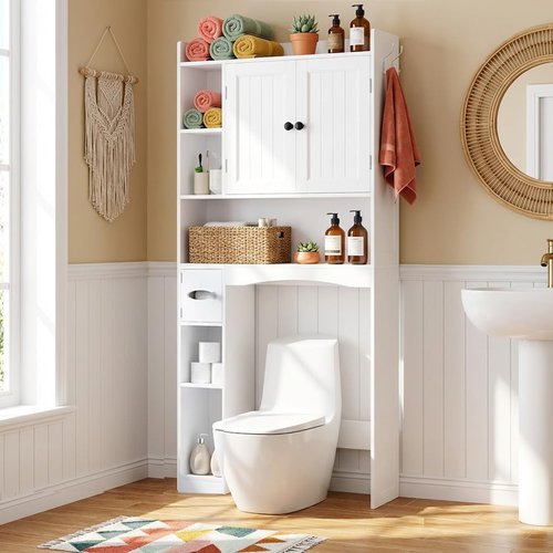 Gizoon 66''H Over The Toilet Storage Cabinet - White Bathroom Organizer with 2 Doors & Adjustable Shelf
