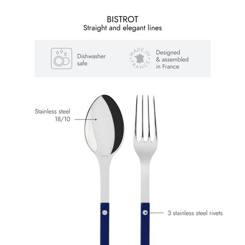 SABRE PARIS - 2-Piece Serving Set - Bistrot Collection - Large Fork & Large Spoon - Stainless Steel & Nylon - Dishwasher Safe - Navy Blue - Brilliant Finish