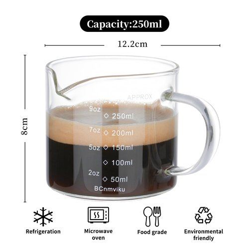 BCnmviku Espresso Cup Measuring Cup Triple Pitcher Milk Cup 250ML/8.5OZ Espresso Cups with Handle Shot Glass with V-Shaped Mouth Clear Accessories Milk Frothing Pitcher (1)