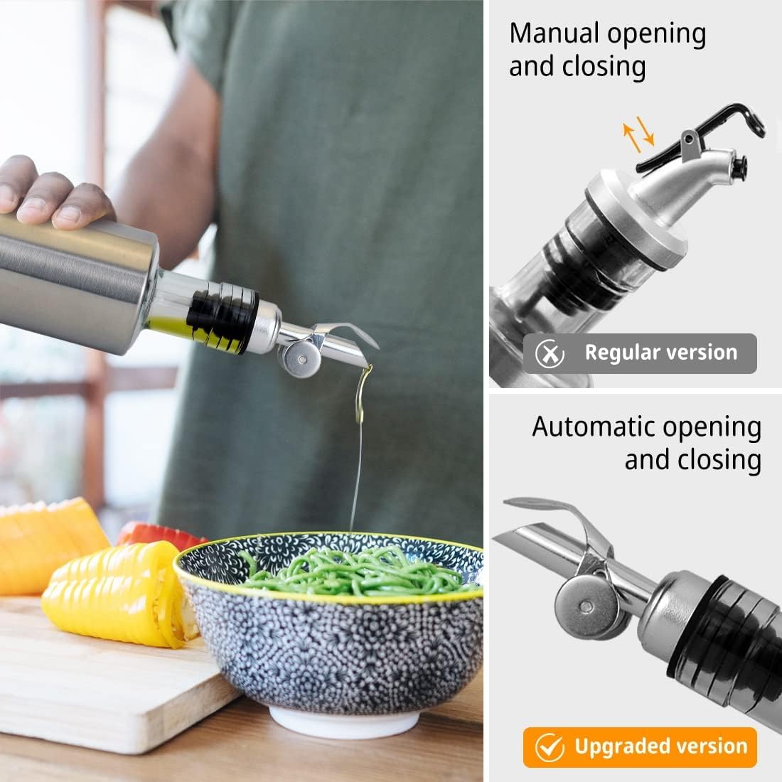 OKYUK Olive Oil Spout, 2PCS Olive Oil Dispenser Pour Spouts, Stainless Steel Automatic Opening & Closing Spout, Leak-Proof, for Olive Oil, Vinegar, Wine & Other Liquid Bottles (Silver White* 2)