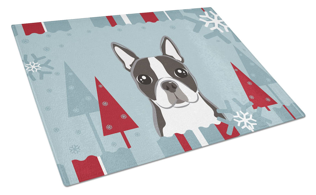 Caroline's Treasures BB1699LCB Winter Holiday Boston Terrier Glass Cutting Board Large Decorative Tempered Glass Kitchen Cutting and Serving Board Large Size Chopping Board