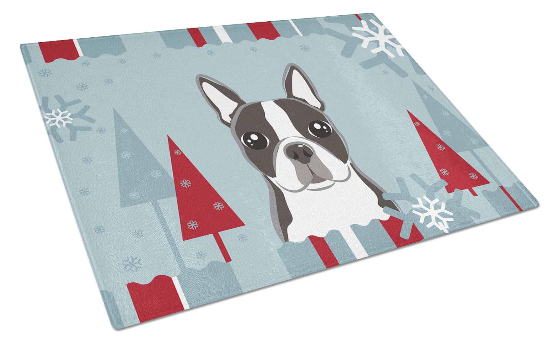 Caroline's Treasures BB1699LCB Winter Holiday Boston Terrier Glass Cutting Board Large Decorative Tempered Glass Kitchen Cutting and Serving Board Large Size Chopping Board