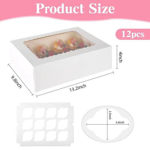 JPPSUJJ 12PCS Cupcake Boxes 12 Count with Window, No Assembly Required, Disposable Cupcake Containers & Holder for Birthday, Holiday, Bakery Supplies