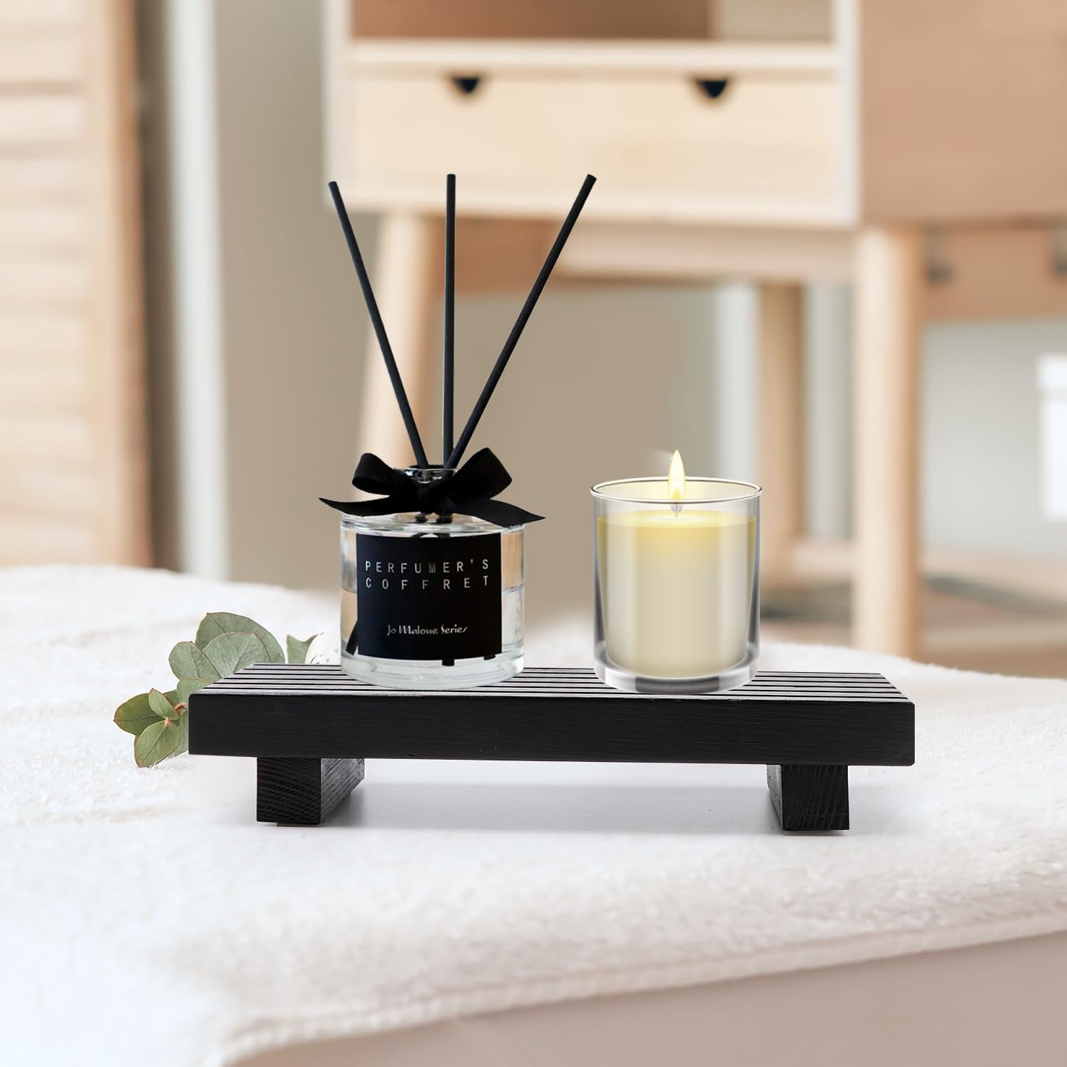 Regine Switzerland Bathroom Counter Organizer Tray - Decorative Wood Display Stand for Sink Accessories | Black