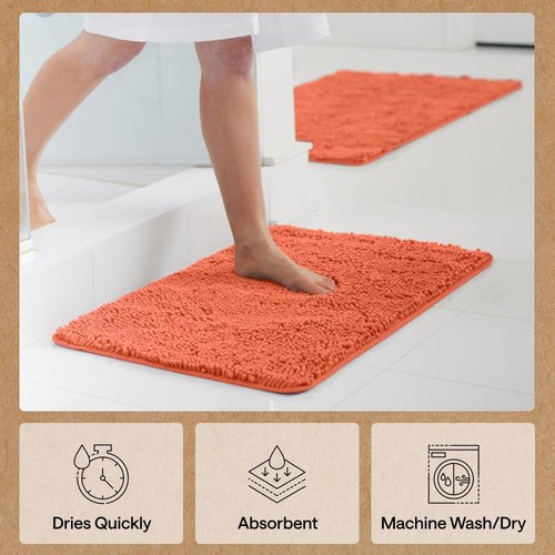 GORILLA GRIP Bath Rug Mat - Thick Soft Absorbent Chenille | Quick Dry Microfiber, 60x24 Coral
