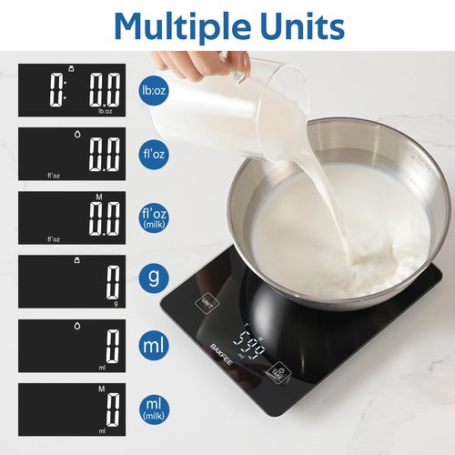 BAKFEE IP67 Waterproof Food Scale with Tempered Glass Surface, 22lb Kitchen Scale 1g Precision, USB Rechargeable, LED Display, Grams and Ounces, for Baking, Cooking, Making Sourdough Bread. Black