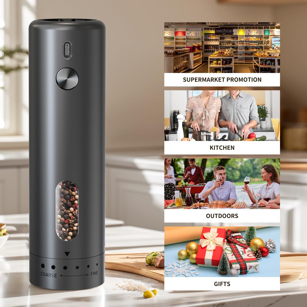 Rechargeable Salt and Pepper Shakers,Electric Salt and Pepper Grinder Set with LED Light for Kitchen, Adjustable 6-level with Base,2 Pack Set