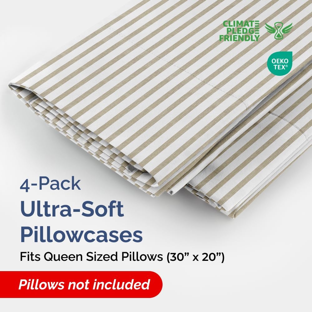 Skiennix Queen Pillow Cases Set of 4 | Ultra Soft Hotel Quality | Wrinkle-Free & Fade Resistant - Beige Stripes
