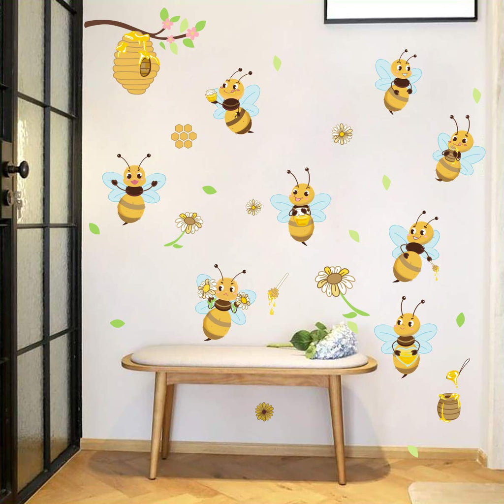 ufengke Yellow Bee Wall Stickers Flower Beehive Branch Wall Decals Art Decor for Kids Bedroom Nursery Playroom