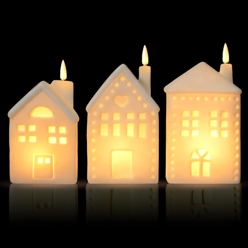 WDS WONDROUS Ceramic Christmas Village Set - Light-Up Tabletop Decor | Set of 3 Flameless Candle Houses