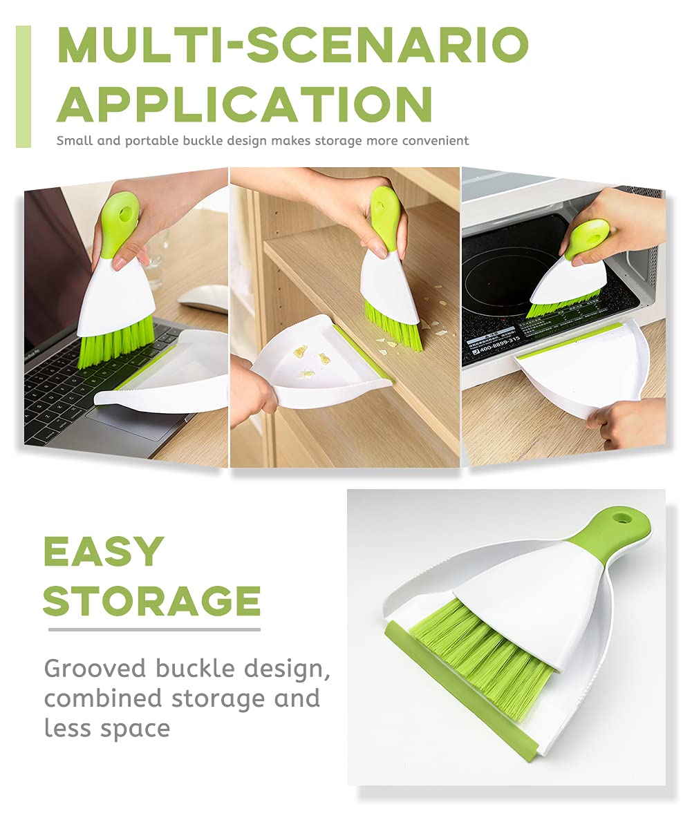 Small Hand Dust Pan and Brush - Small Broom and Dustpan Set, Mini Broom and Dustpan, Compact Dustpans and Brush for Home Cleaning, Sofa, Desk, Guinea Pig Cage, Cat Litter, etc. (Green)
