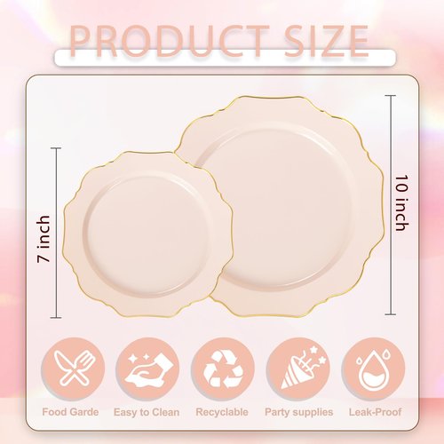 WDF 200PCS Pink Plastic Plates - Pink and Gold Plastic Plates - Include 100 Dinner Plate and 100 Cake Plate for Spring/Wedding/Bridal Shower/Tea party/Easter