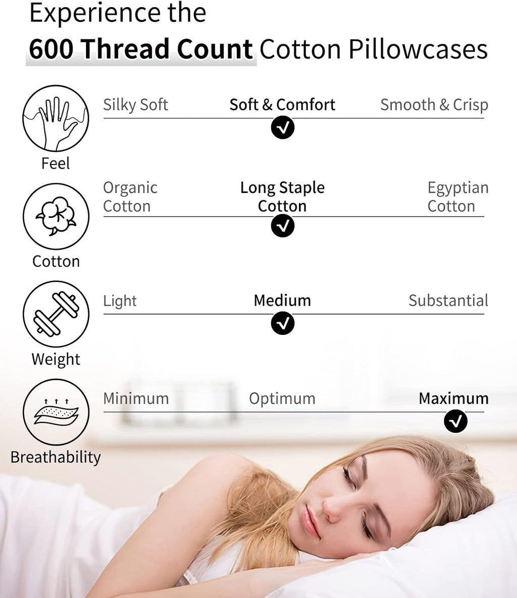 Warmstar King Size Cotton Pillow Cases - Set of 2, 600 Thread Count, Soft & Breathable, White 20x36 Inches
