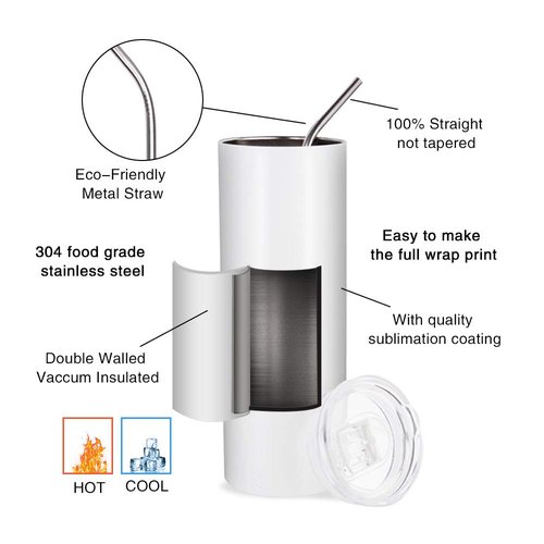 PYD Life 8 Pack Sublimation Tumblers Blanks 20 OZ Skinny White Straight Stainless Steel Cups with 10 PCS Shrink Wrap Film for Tumbler Press Machine Sublimation Oven Printing