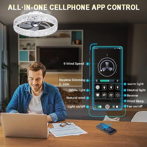 Baycnic Low Profile Flush Mount Ceiling Fan with Light and Bluetooth Speaker, Smart Ceiling Fan with 6 Speeds, Reversible Airflow, APP/Remote Control for Bedroom