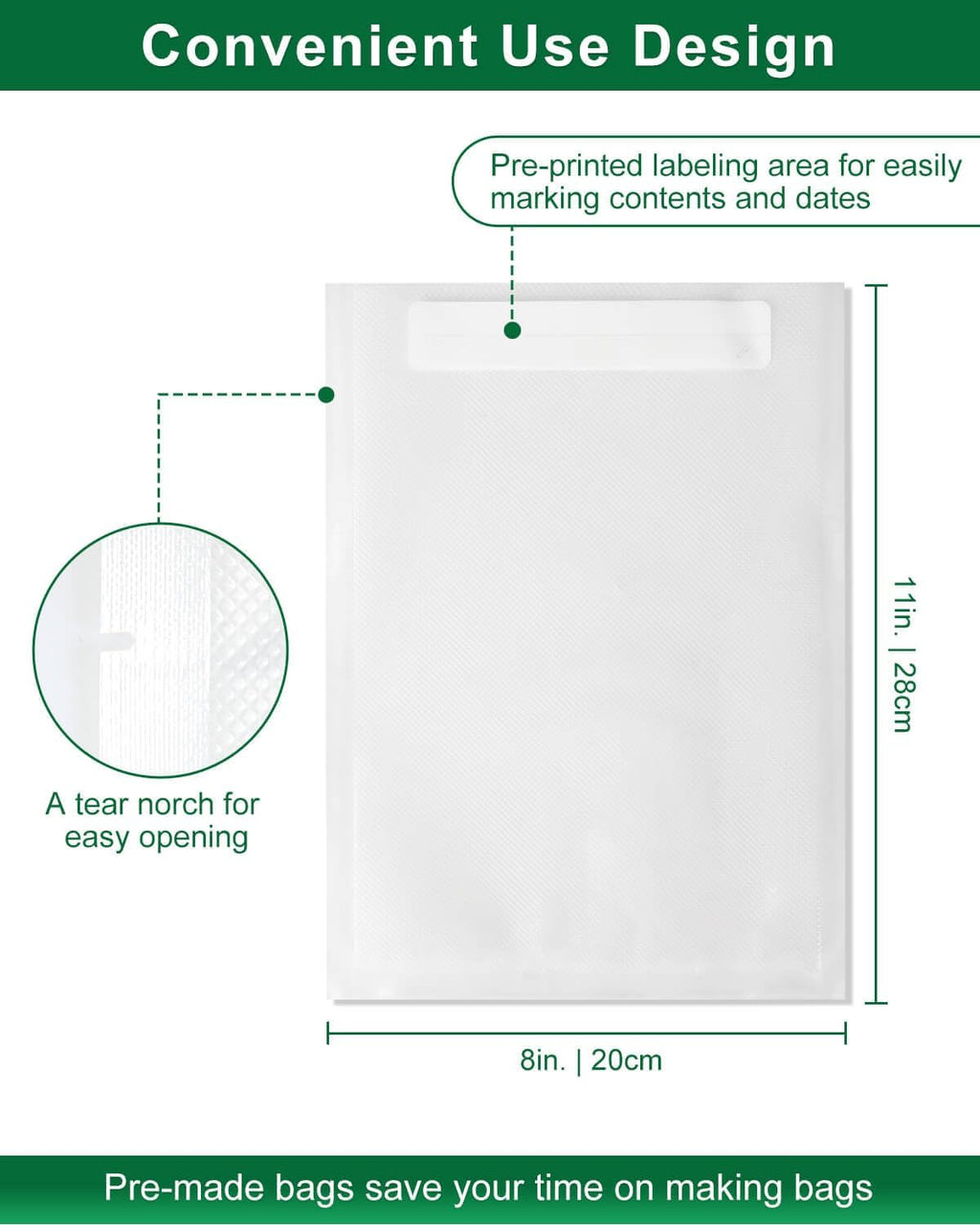 Quart Vacuum Sealer Bags - BPA-Free Heavy Duty 8x11 Inch Food Storage | 100 Count Precut with Labeling Area