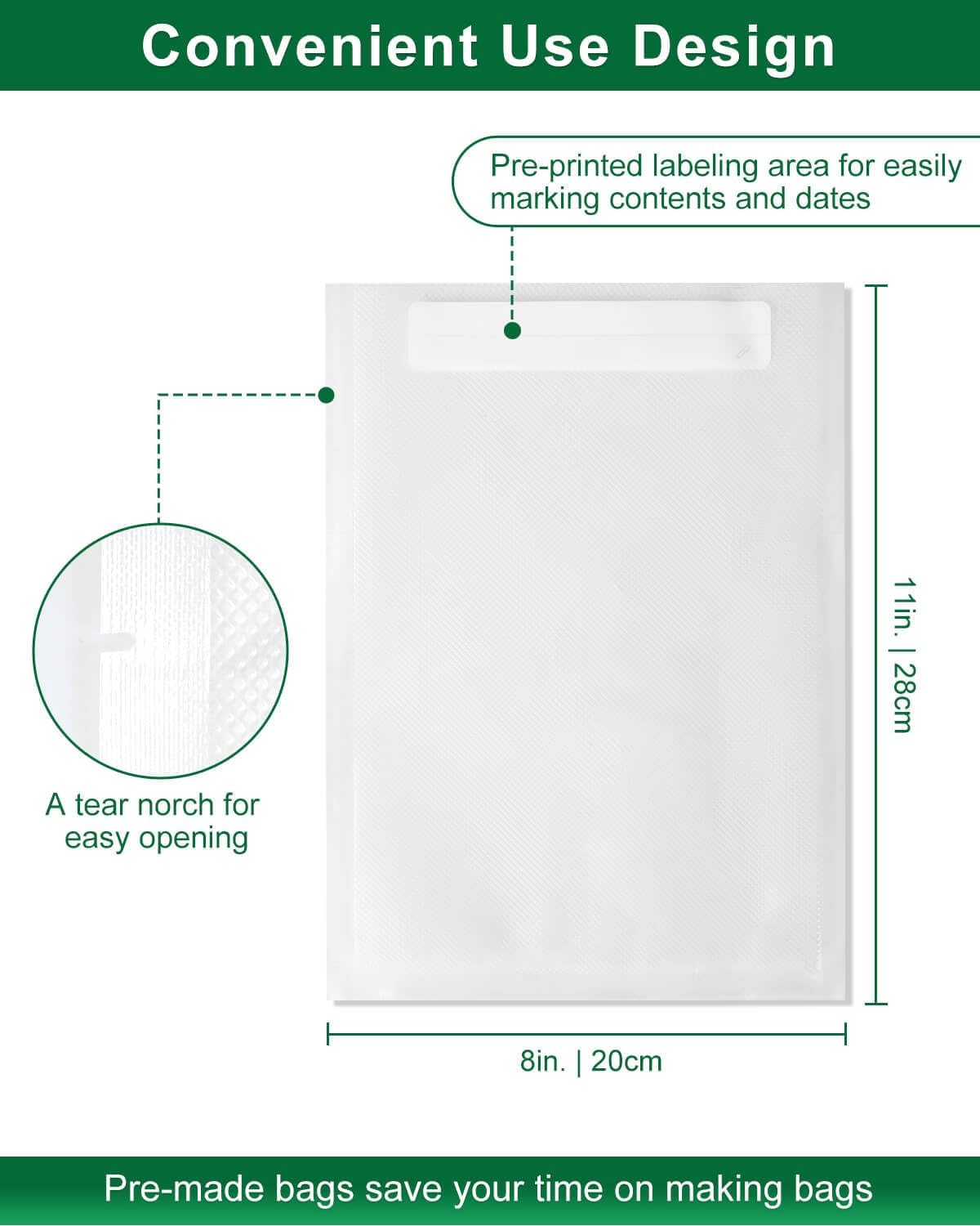 Quart Vacuum Sealer Bags - BPA-Free Heavy Duty 8x11 Inch Food Storage | 100 Count Precut with Labeling Area